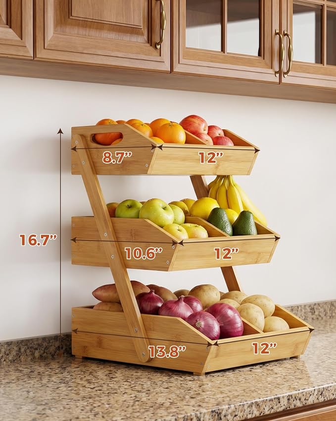 3-Tier Bamboo Fruit Basket with 2 Banana Holders | Large tiered organizer for bread, snacks, veggies. Sturdy bamboo, includes mats & dividers. Easy to assemble.