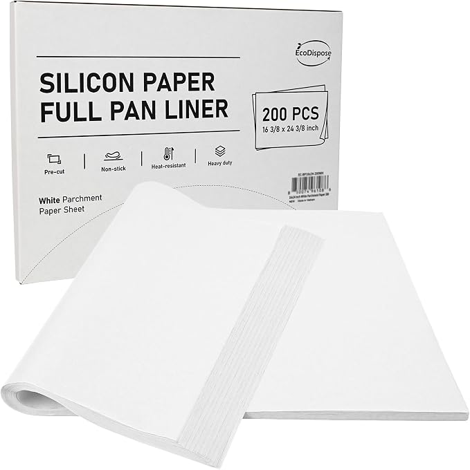EcoDispose 200 Pcs Non-Stick Parchment Paper Baking Sheets 16-3/8"x24-3/8" | White, Heavy Duty, Pre-Cut, Greaseproof, Full Pan liner for Bake