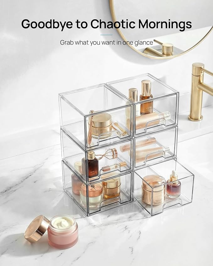 Vtopmart 12 Pack Small Clear Stackable Storage Drawers | Plastic Bins, Bathroom Makeup Organizer, For Vanity, Undersink, Kitchen Cabinets, Pantry, Home Organization