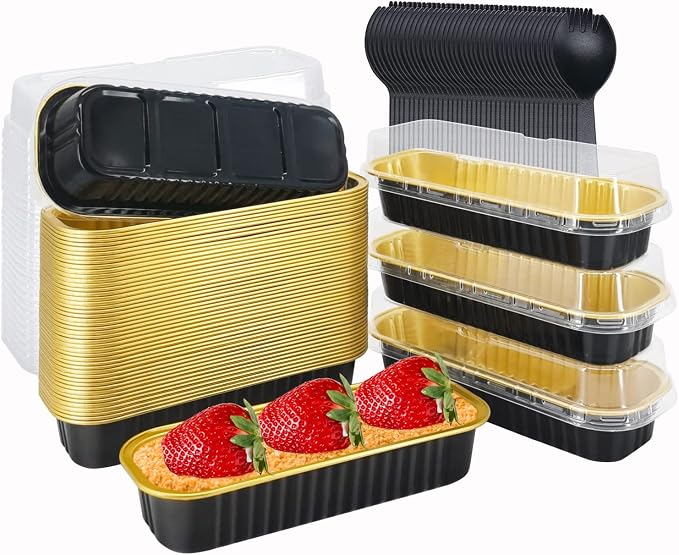 LNYZQUS Mini Loaf Pans with Lids 50 Pack, 6.8oz Small Cake Tins | Rectangle, Black, Disposable Aluminum Foil Baking Cups, Individual Dessert Containers for Bake Sale Treats