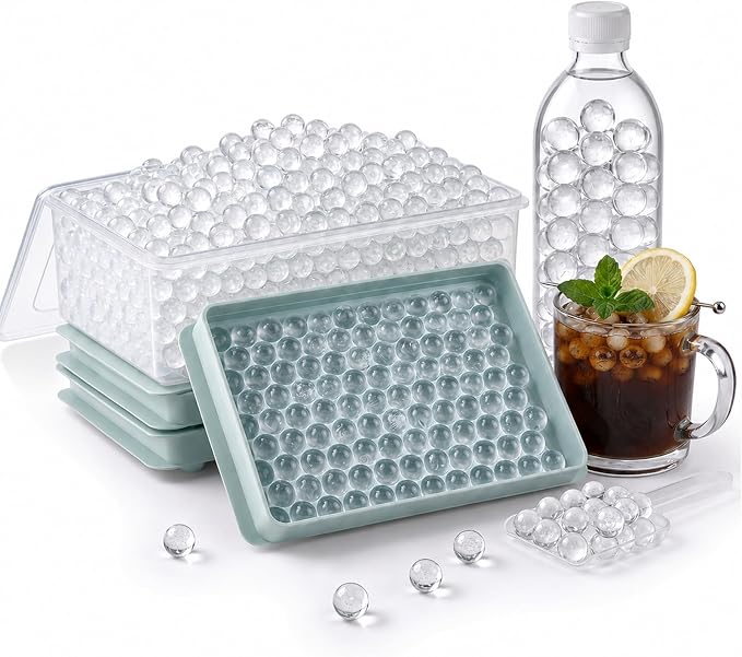 Mini Ice Cube Trays with Lid & Bin, Tiny Pebble Ice Balls for Coffee | Make 208 Mini Ice Balls with 2 Trays, Easy Release, Stackable, Scoop Included, for Iced Coffee, Drinks and Daily Use