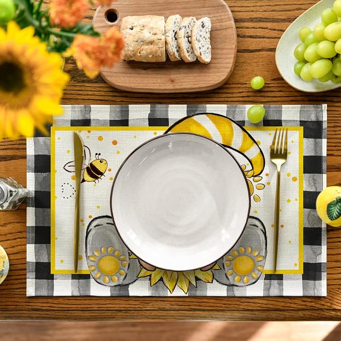 Artoid Mode Buffalo Plaid Gnome Bee Sunflower Summer Placemats Set of 4, 12x18 Inch Seasonal Spring Table Mats for Party Kitchen Dining Decoration