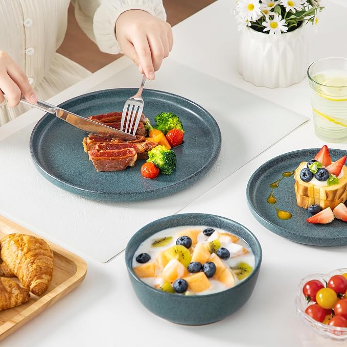 vancasso ZERMATT 18 Pieces Stoneware Dinnerware, Plates and Bowls Set for 6 | Dinnerware Set for 6 in Smoky Teal Reactive Glaze Stoneware, Kitchen Dinner Set, Microwave and Dishwasher Safe