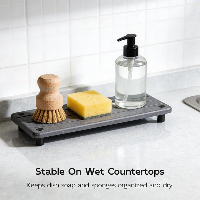 Water Absorbing Stone Sink Tray, 11.8" Diatomite Tray for Kitchen Bathroom Vanity, Fast Drying Stone Drying Caddy for Soap Dispenser, Sponge Holder with Wavy Groove Design