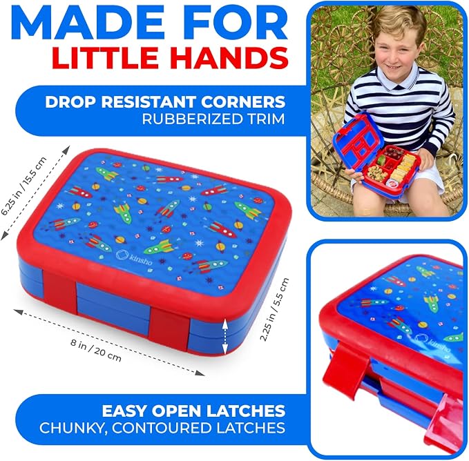 kinsho Bento Lunch Box Container for Small Kids, Boys, (Blue Space Rockets) | 5 Portion Sections, BPA-Free Spill-Proof Leakproof Removable Plastic Tray, Snacks and Lunches for Toddlers Pre-School Daycare