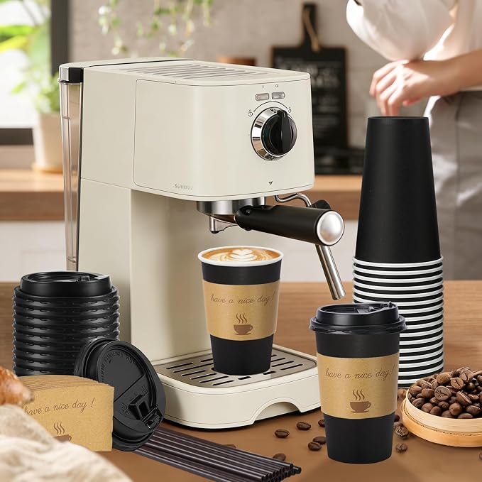 BYSNOW 16 oz 50 pack Disposable Coffee Cups with Lids, Sleeves & Stirrers | Paper Hot Coffee Cups with Lids, Sleeves and Stirring Sticks, To Go Cups for Home, Office, and Cafe (Black 16oz)