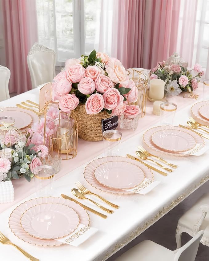 YOUBET 175PCS Pink Scalloped Plastic Plates for Party Wedding Baby Shower | Pink and Gold Disposable Dinnerware Set Include 50 Plates, 75 Gold Silverware, 25 Cups, 25 Napkins
