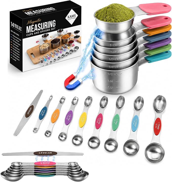 16PCS Magnetic Measuring Cups and Spoons Set with Leveler – Strong N52 Magnets, Premium 304 Stainless Steel, Double Sided Measuring Spoons, Easy to Read Engraved Measurements for Baking & Cooking