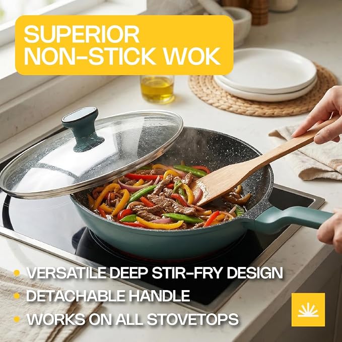 Ravelo Nonstick Wok Pan with Glass Lid, 11.8in Die Cast Stir Fry Pan | Deep ceramic-coated wok with glass lid, soft-touch handle, and induction-ready base for stir fry and everyday cooking.