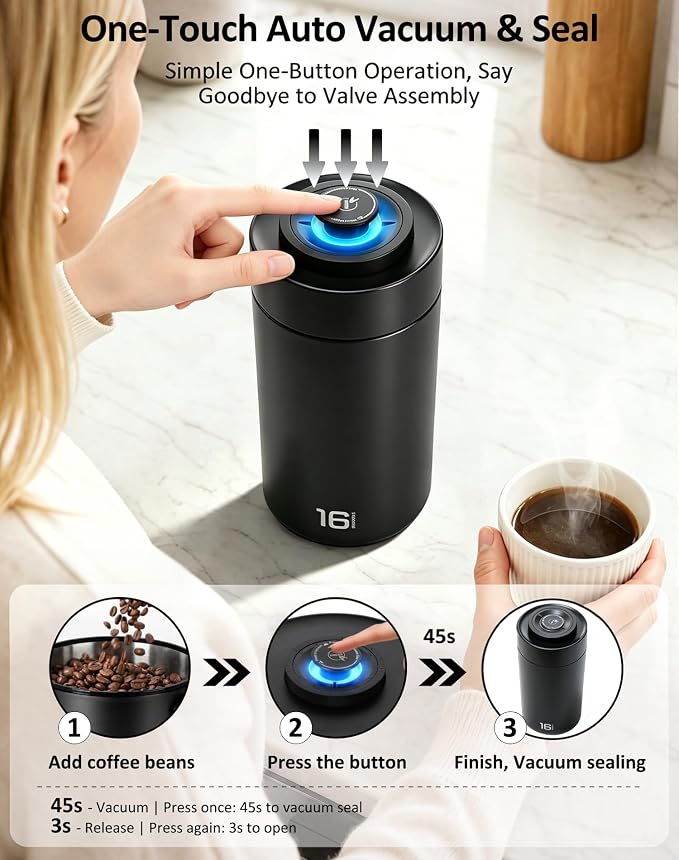 ROTTOGOON Auto Vacuum Coffee Canister, Rechargeable Airtight Coffee Container with 304 Stainless Steel Inner, Scoop, Sealed Coffee Bean Storage Container for Ground Coffee, Tea, Food, 16OZ/ 1.3L