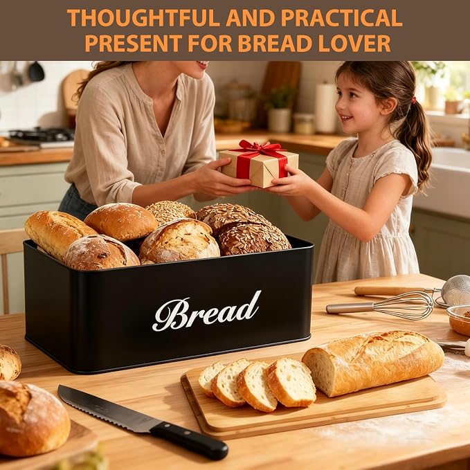RYTOXILO Black Bread Box for Kitchen Countertop, Metal Breadbox with One-Way Degassing Valve Bamboo Lid, Bread Storage Boxes Container for Homemade Bread, Sourdough Food Cutting Board