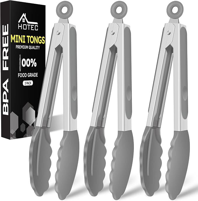 Hotec Mini Silicone Kitchen Tongs for Cooking - 7-Inch Small Serving Tongs with Silicone Tips, Set of 3 (Grey)