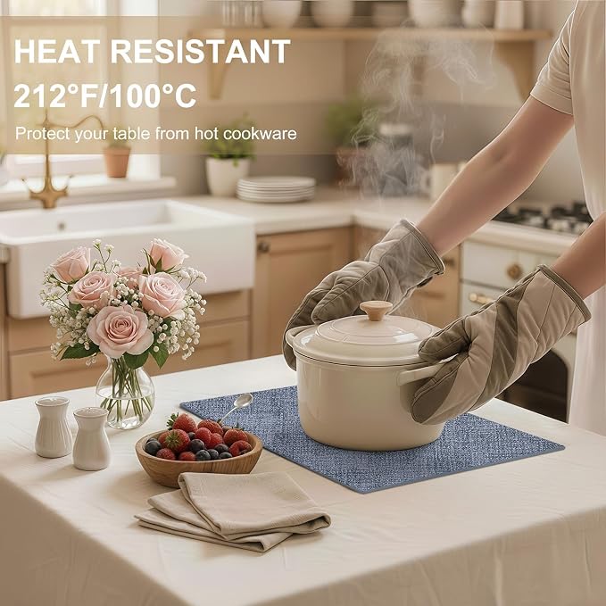 Faux Leather Heat Resistant Placemats 12 Packs, Waterproof Wipeable Dining PU Place Mats for Indoor & Outdoor, Easy to Clean, Denim Blue