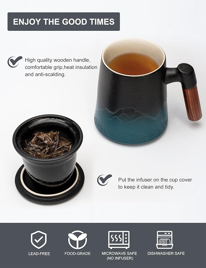 suyika Tea Cup with Infuser and Lid, Gradient Black & Blue, 15.2oz /450ml | Ceramic Mug, Wood Handle, For Loose Leaf Tea
