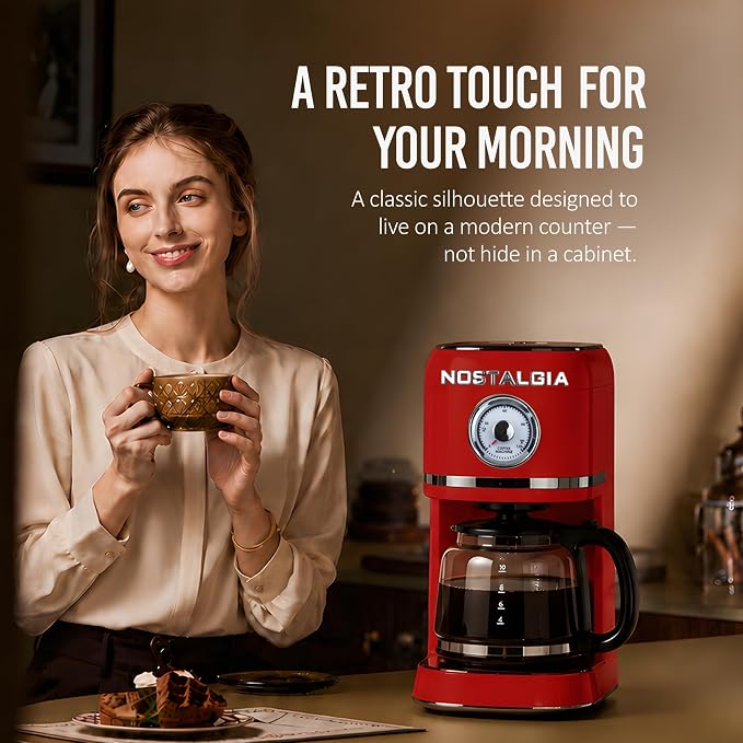 Nostalgia Classic Retro 10 Cup Coffee Maker - One-Touch Drip Brew, Reusable Filter - Anti-Drip, Auto Shutoff, & Time Display - Dishwasher Safe 50 oz Carafe - Red
