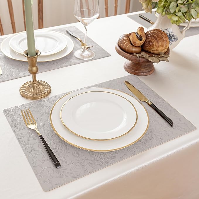 Romanstile Vinyl Placemats Set of 8-12 X 17 Inch - Heat Resistant Non-Slip Embossed Floral Place Mats 100% Waterproof Oilproof Wipeable Faux Leather Table Mats for Kitchen/Dining/Party, LightGrey