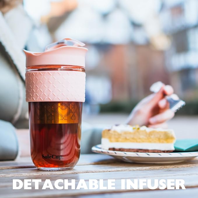 Large Travel Mug Loose Tea Infuser - Detachable Tea Strainer with Spill Proof Lid - 18oz/530ml BPA-Free Reusable Glass Travel Coffee Cup with Silicone Band (Red, 18oz)