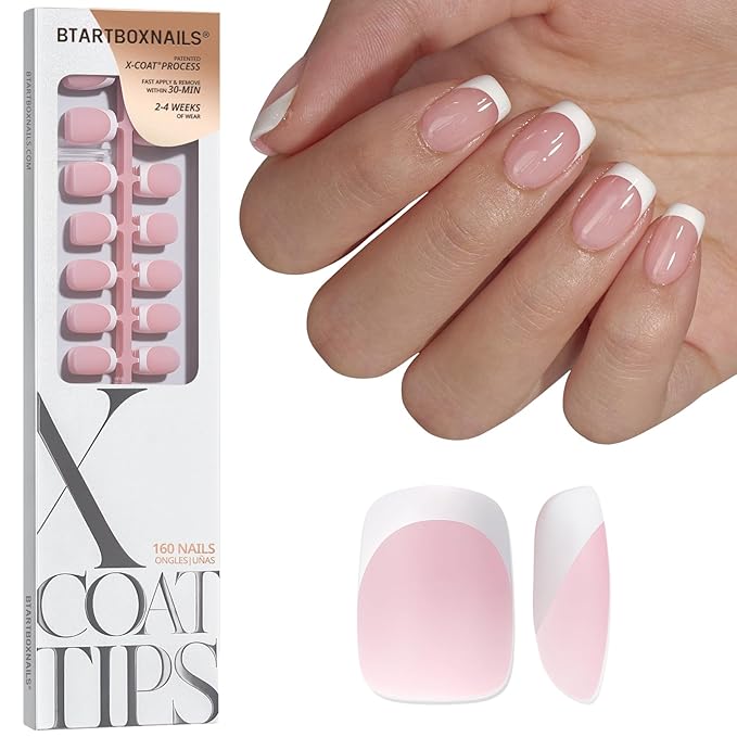 BTArtboxnails XCOATTIPS White French Tip Press On Nails, XS Squoval, Pink | Lamp-Curable, 4-Week Wear, Salon Quality Value at Home, Natural Nail Look, Easy-to-Apply for Beginners, 160Ct Nail Tips Only