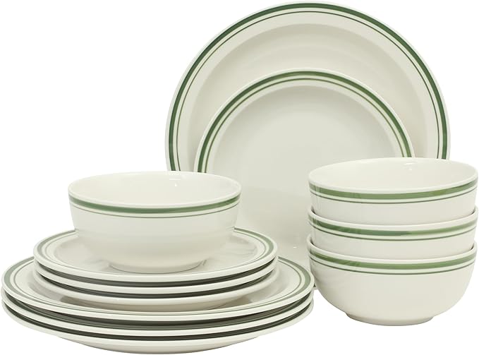 Gibson Home Hometown Diner 12-Piece Porcelain Dinnerware Set, Round Plates and Bowls Set for 4, White with Green Rim, Dishwasher Safe – Dinner Plate, Salad Plate & Cereal Bowl