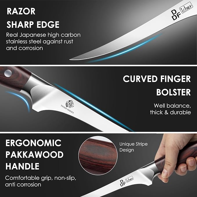 7" Fillet Knife, High-Carbon Stainless Steel Boning Knife, Pakkawood Handle | 7 Inch Filet Knife for Fish with Ergonomic Full-Tang Handle, Fish Fillet Knife for Meat Cutting Trimming