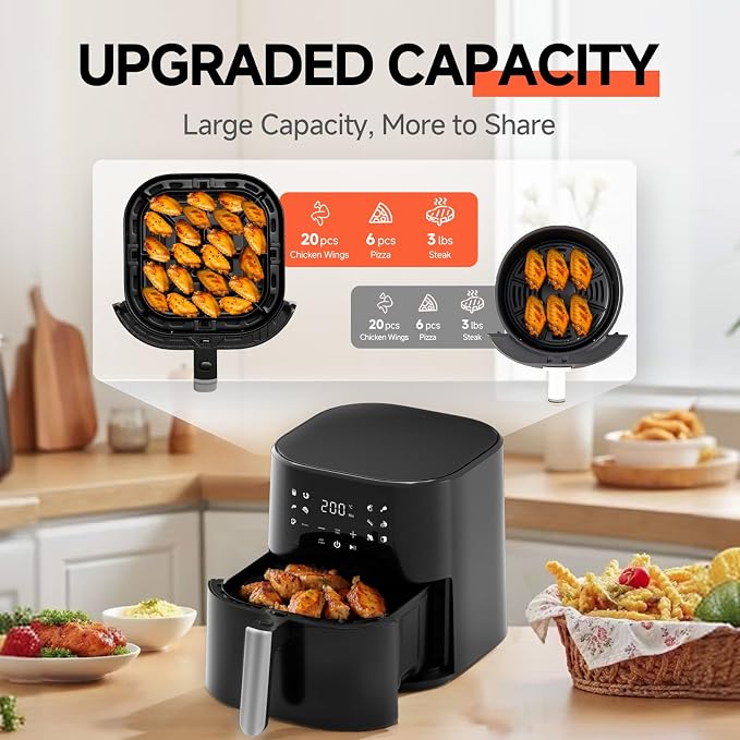 Qido Air Fryer, 5.28 QT Square Airfryer, 400°F Fast Heating Air Fryers Oven with One-Touch Presets, Auto-Off, Dishwasher-Safe Nonstick Basket, Multiple 8 in 1 Function, Black