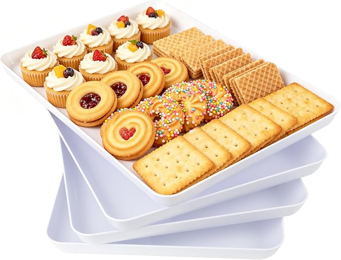 YOUBET 4PCS White Plastic Serving Trays for BBQ, Picnic, Party, Wedding | Plastic Trays for Serving Food - Super Strong Disposable Platters, Heavy Duty Plastic Trays