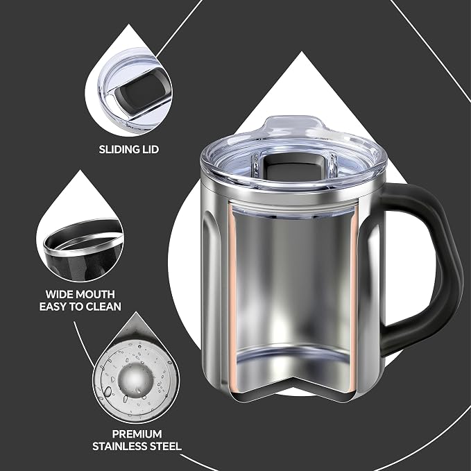 Ideus 16 oz Insulated Coffee Mug with Handle and Lid, Double Wall Stainless Steel Vacuum Thermal Coffee Mug, Travel Coffee Cup Thermal Cup for Home and Office, Black-FUJI FLOW