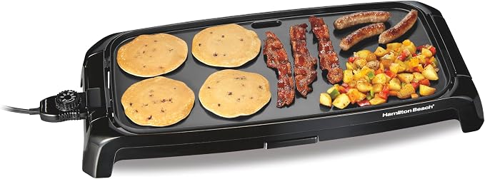 Hamilton Beach 200 Sq. In. Electric Griddle With Adjustable Temperature | 200 to 400 degrees | PTFE & PFOA Free Durathon Ceramic Reversible Nonstick Surface | Removable Drip Tray | Black | 38522