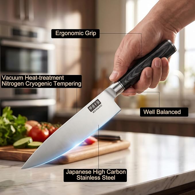 Chef Knife 8 Inch, Ultra Sharp Japanese Kitchen Knife Gift Box | High Carbon Stainless Steel Knives with Pakkawood Handle, Cooking Knife for Vegetable Meat, Home Kitchen, Dishwasher Safe