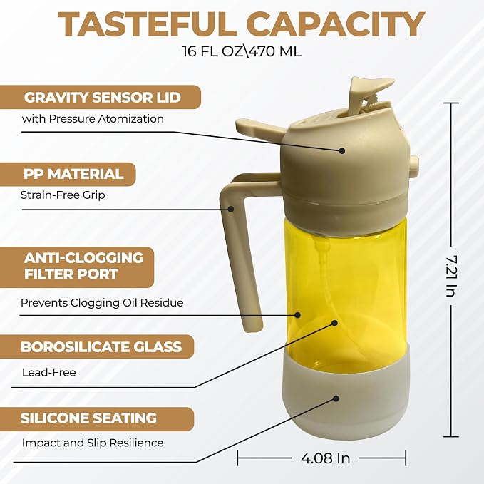MBO 2-in-1 Olive Oil Spray Bottle for Cooking – 16oz / 470ml Glass Dispenser with Silicone-Encased Base, Mist & Pour Spout – Refillable Kitchen Gadget for Air Fryer, Salad, BBQ