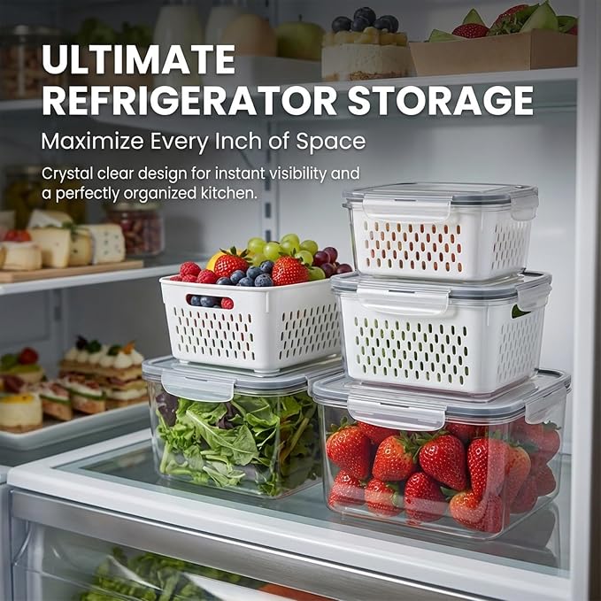 Food Storage Containers for Fridge with Removable Colander,Leakproof Food Storage Containers,Dishwasher Safe Produce Saver, Keep Berry Fruit Fresh Longer (850ML+1750ml+3300ml)