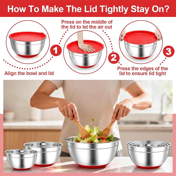 TeamFar Mixing Bowls, Stainless Steel Salad Bowls with Lids - Red | Nesting Bowls with Non-slip Bottom, for Kitchen Baking Preparing Serving, Stackable & 6PCS - 4.6 /2.6 /2 / 1.5 /1 / 0.7 Qt