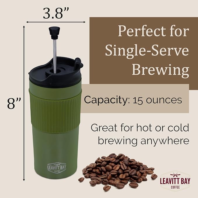 Green Portable French Press Travel Mug & Coffee Maker | Leak-resistant lid Double-wall vacuum insulation ideal for camping & travel
