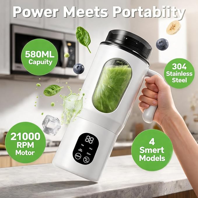 Lilogi 580ML Portable Blender with LED Display, 12-Blade USB-C Rechargeable Travel Blender with Handle & Extra Lid, Ideal for Kitchen, Office, Gym & Outdoor Sports