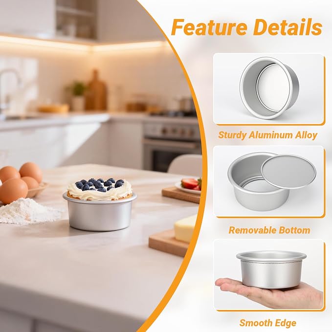 Beasea 4 Inch Cake Pan, 2 Pack Aluminum Alloy Mini Round Cake Pans with Removable Bottom, Cheesecake Tin Mold for Baking Oven Bakeware
