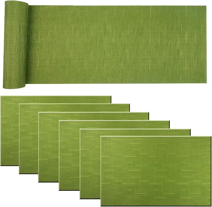 Placemat Matching with Table Runner,Cross-Weave Heat Resistant Placemat Washable Table Mats Sets(6pcs Placemats + 1 Table Runner, Sage Green)