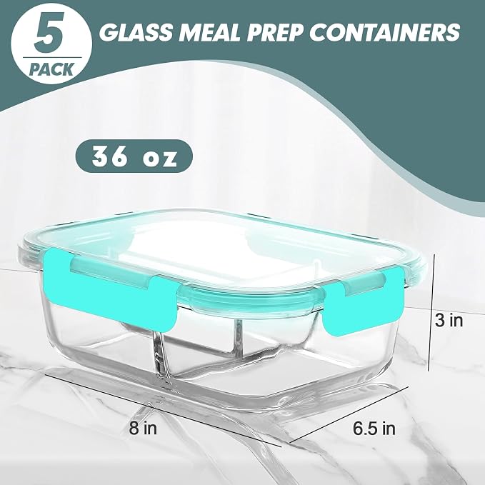 Glass Meal Prep Containers 3 Compartments, 5 Pack 36 oz, Green | Glass Food Storage Containers with Lids, Airtight Lunch Bento Box, Portion Control, Freezer and Microwave Safe
