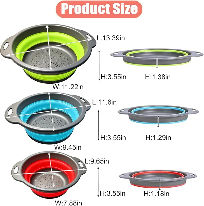 Collapsible Colanders Food Strainers, 3-Pack Foldable Kitchen Strainers with Over-Sink Water Draining Tray, Space Saving Kitchen Drainer for Vegetables, Fruit, Pasta and Rice (Blue-Red-Green-Gray)
