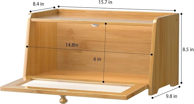 Bread Box for Kitchen Countertop, Vintage Wooden Counter Breadbox, Bamboo Bread Storage Container Bin for Homemade Bread, Small Farmhouse Corner Breadbox Organizer with Acrylic Window, Natural