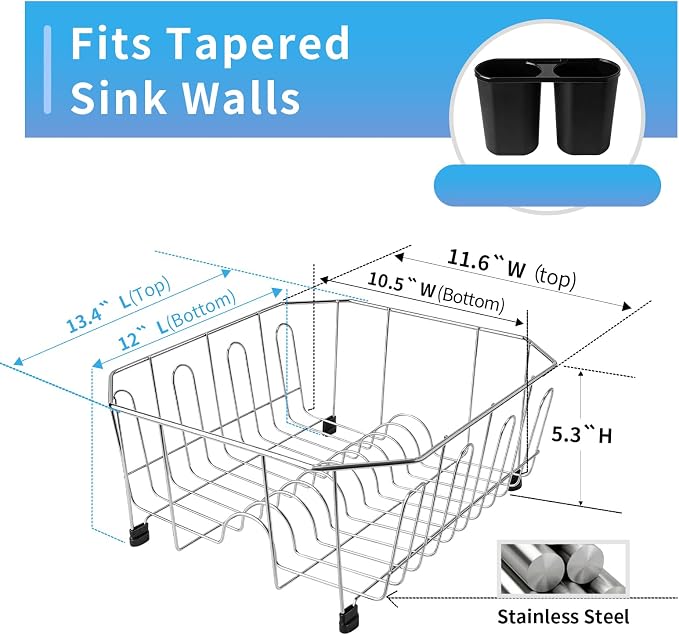 Small in Sink Dish Drying Rack - Stainless Steel Compact Inside Sink Dish Drainer for RV Kitchen Apartment Sink, Rust Resistant Kitchen Organizer for Plates, Bowls in Sink, 11.6" W x 13.4" L, Silver