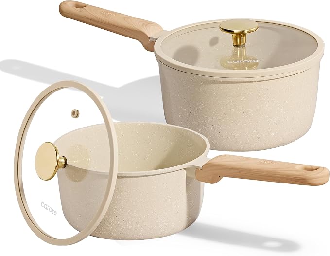 CAROTE Ceramic Nonstick 1.5Qt & 2.5Qt Sauce Pan Sets with Lid | Kitchen Non Toxic Cookware Set with Stay-cool Handle, All Stovetops Compatible, PFOA Free, Easy to Clean