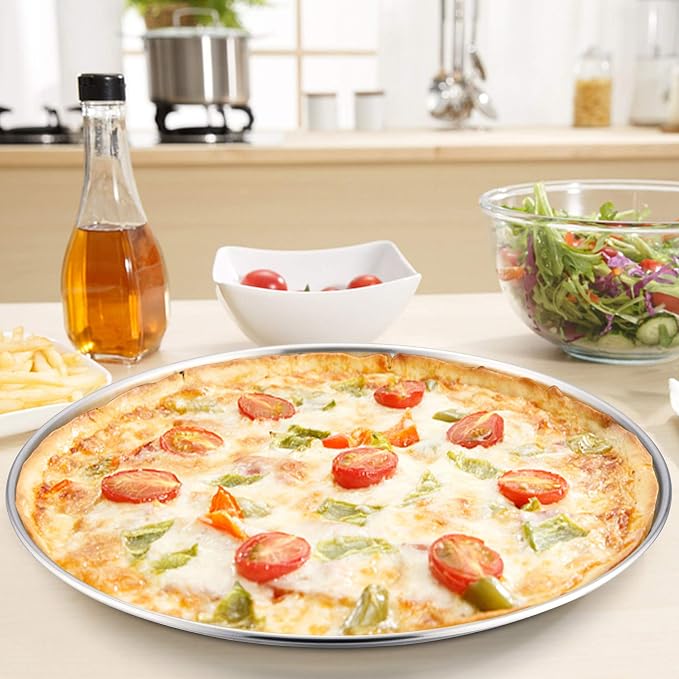 P&P CHEF Pizza Pan Set of 2, 13.5 Inch Stainless Steel Pizza Tray, Silver | 2 Pieces Round Pizzas Plate for Pie Cookie Cake, Good For Baking Cooking Roasting, Non Toxic & Heavy Duty, Dishwasher Safe
