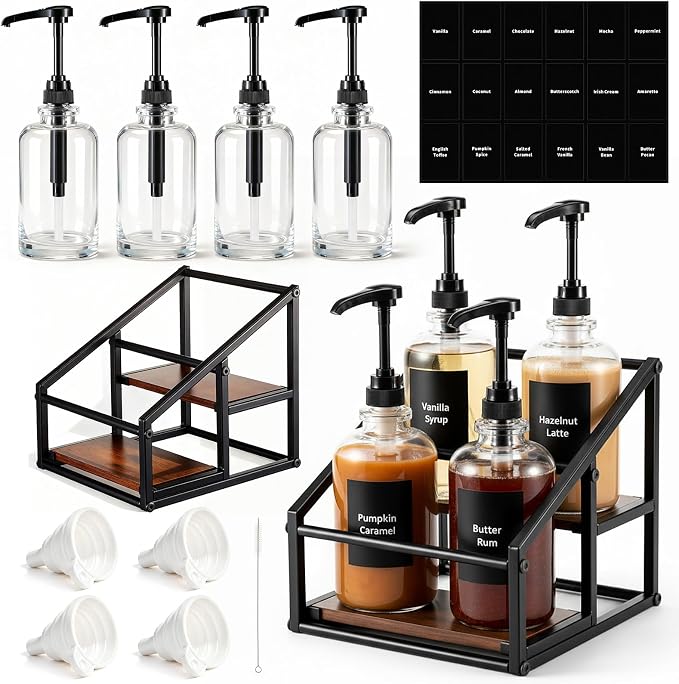 Coffee Bar Accessories, 4 Pack 16.9oz/500ml Coffee Syrup Dispenser with 1/4oz Pump, 2-tier Syrup Rack Organizer, Labels, Straw Brushes, Funnels for Kitchen Countertop, Wine, Dressing Storage