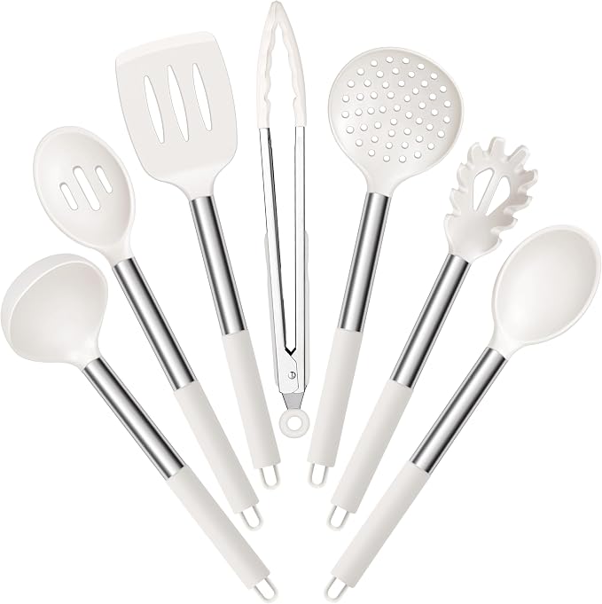 E-far Silicone Cooking Utensils Set, 7-Piece White Kitchen Utensils Set | Heat Resistant Nonstick Cookware with Stainless Steel Handle, Slotted Turner, Spoon, Soup Ladle, Pasta Server, Skimmer, Tongs