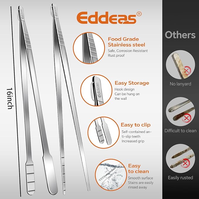 Eddeas 16 Inch long Kitchen Tweezers - 2 Pack large Tweezer Tongs for Cooking, Heavy Duty Stainless Steel Heat Resistant 600°F Food tweezers, Dishwasher safe