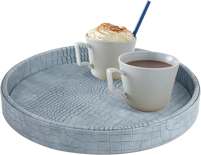 HofferRuffer Faux Leather Round Serving Tray, Vegan Croco Leather Decorative Tray, Food Tray for Storage Drinks, Snack & Cosmetics, Dia.12'' x 1.6'' (LightBlue)