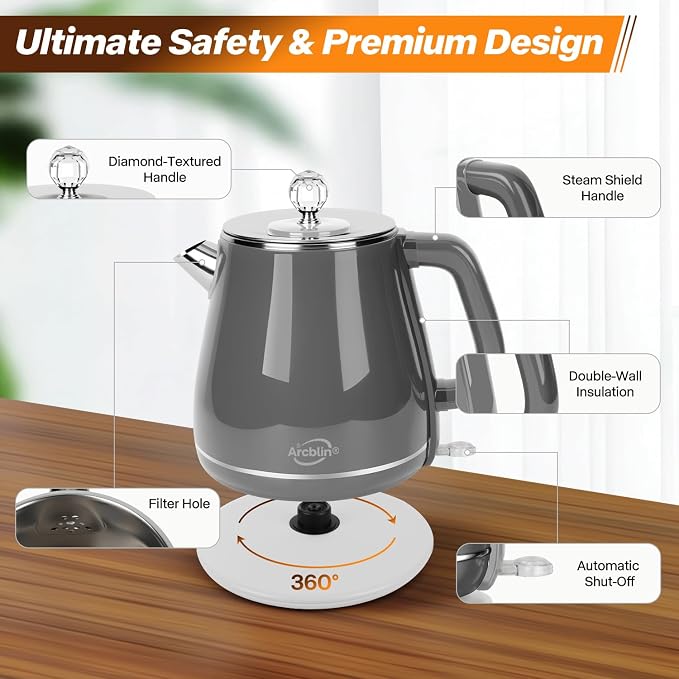 Electric Kettle, Gray, 1.8L | Retro, 1350W Fast Boil, Stainless Steel Interior, BPA Free, Automatic Shut Off