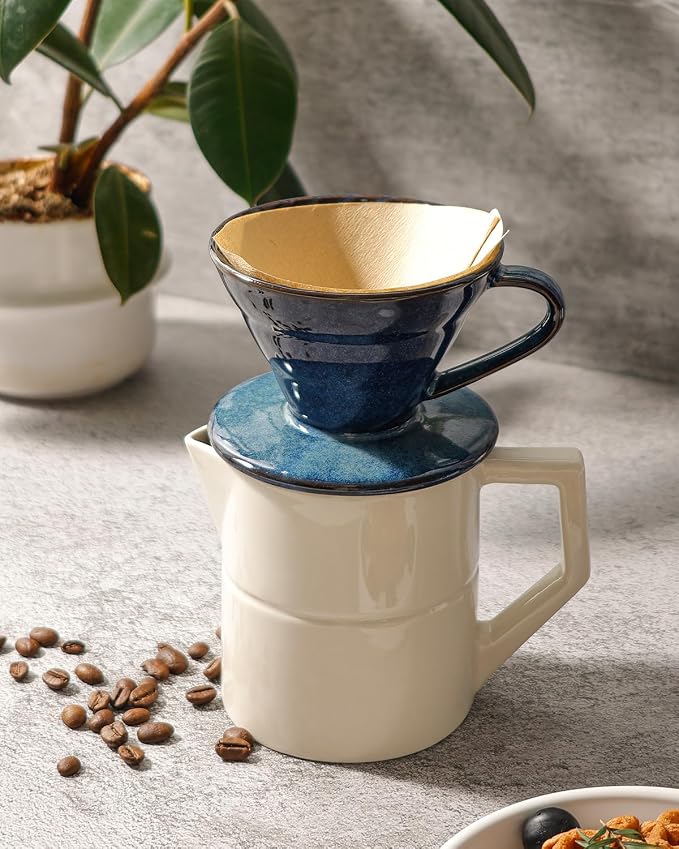 Pour Over Coffee Maker, Single Cup Ceramic Coffee Dripper, Reusable Filter Cone Drip Holder Slow Brewer with Hole Flat Bottom for Home, Office, Travel, Camping (Blue)