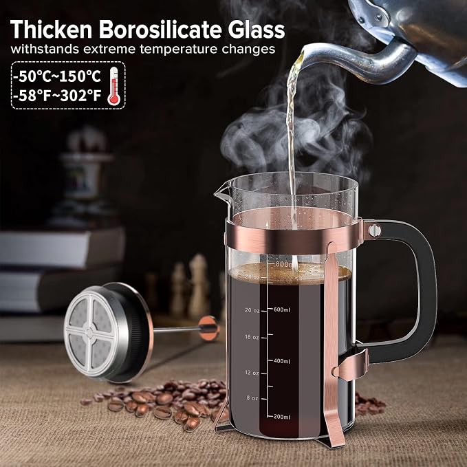 QUQIYSO French Press 34oz, Stainless Steel and Thickened Glass Coffee Maker | 4 Filter Heat-Resistant Borosilicate Glass Coffee Press, Easy to Clean, Suitable for Kitchen Party Camping Gifts(Copper)