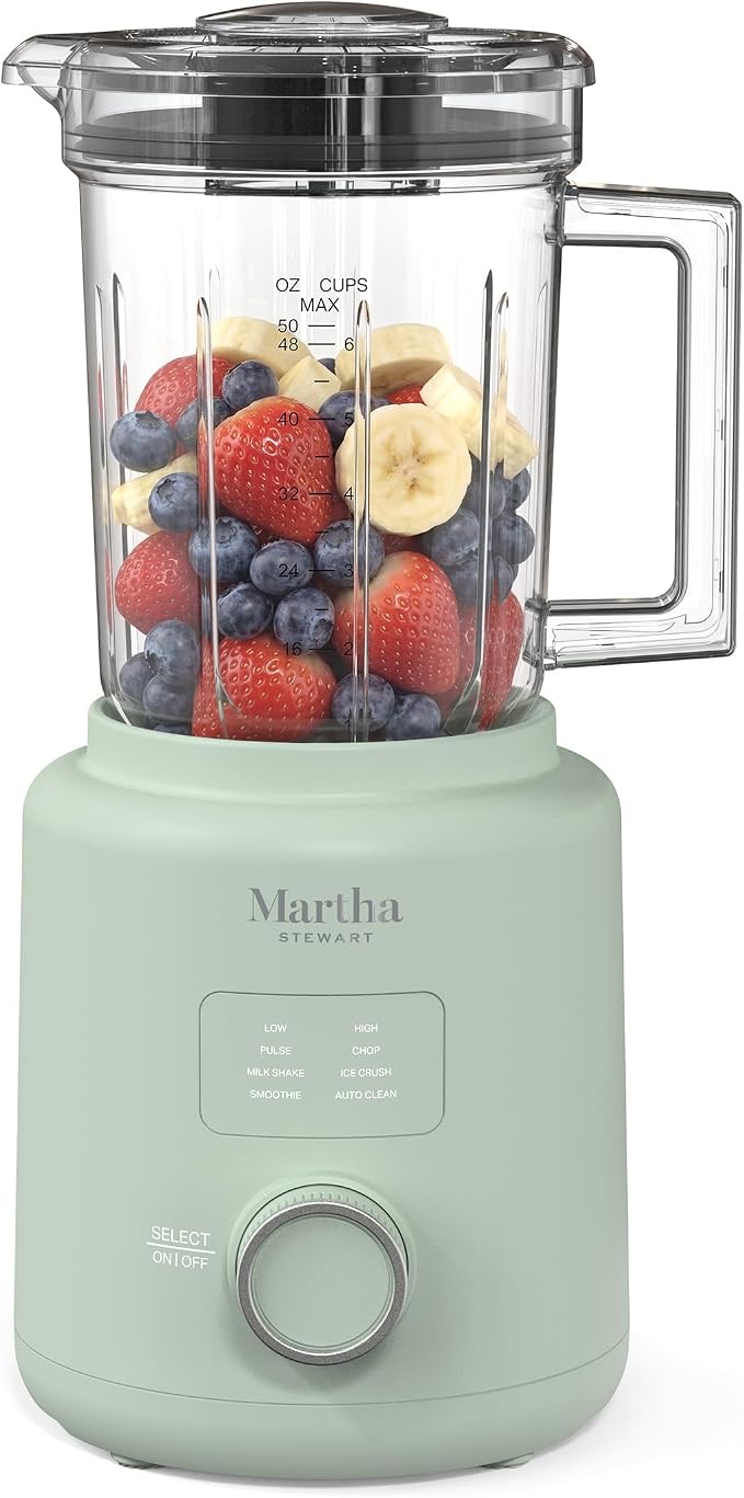 Martha Stewart 50oz Countertop Blender, 3 Speeds, 5 Presets, Honeydew Sage | BPA-Free Pitcher, Smoothies, Margaritas, Milkshakes & Ice Crushing, Stainless Steel Blades, Auto-Clean, Dishwasher-Safe Parts